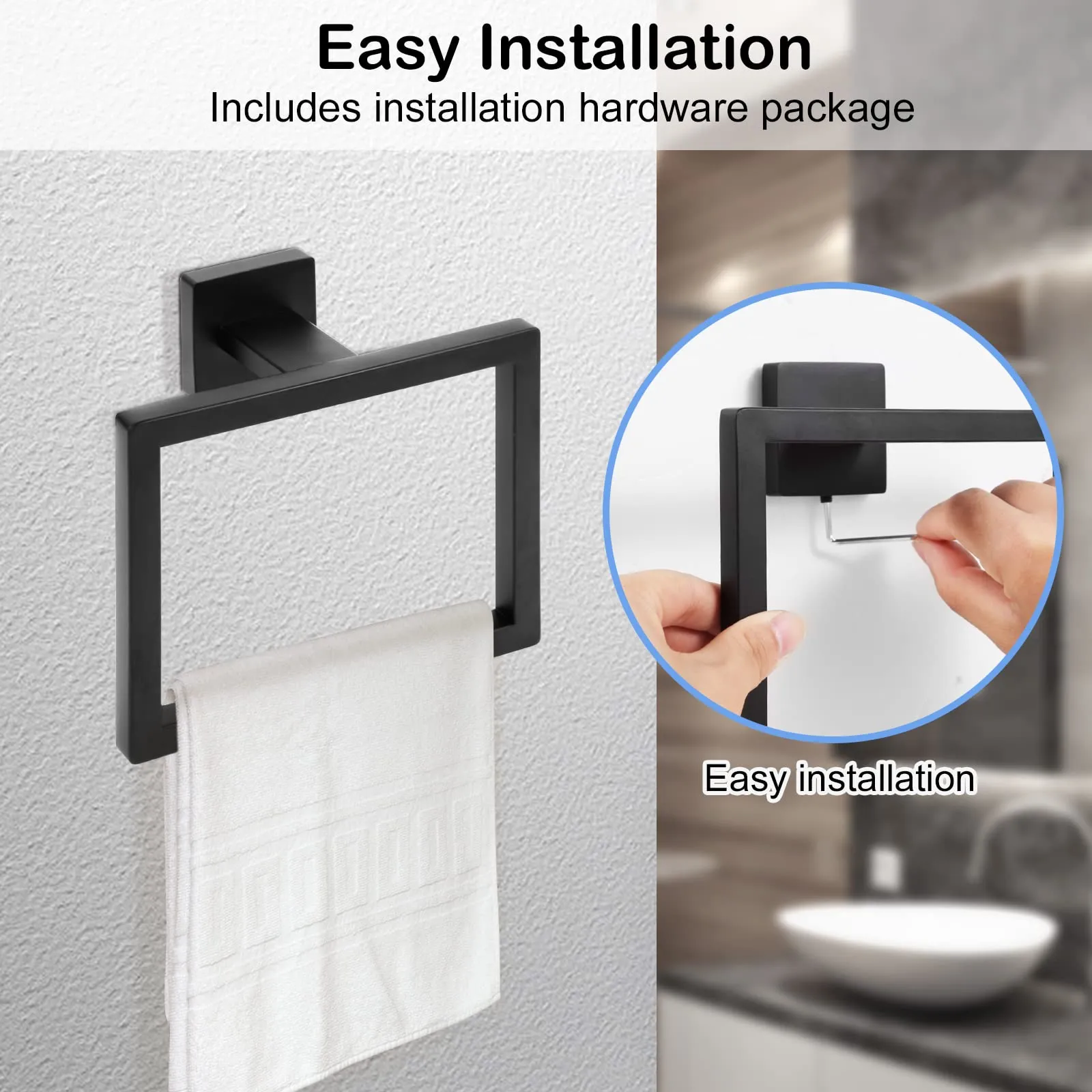 2-Piece Matte Black Square Towel Ring,Modern Hand Towel Holder for Bathroom,SUS304 Stainless Steel Towel Hangers Wall-Mounted