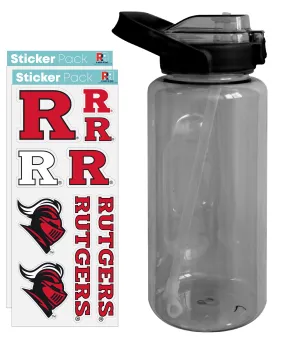 64 oz Large Water Bottle with Rutgers Scarlet Knights Waterproof Stickers, Screw-on Top and Straw Officially Licensed Product