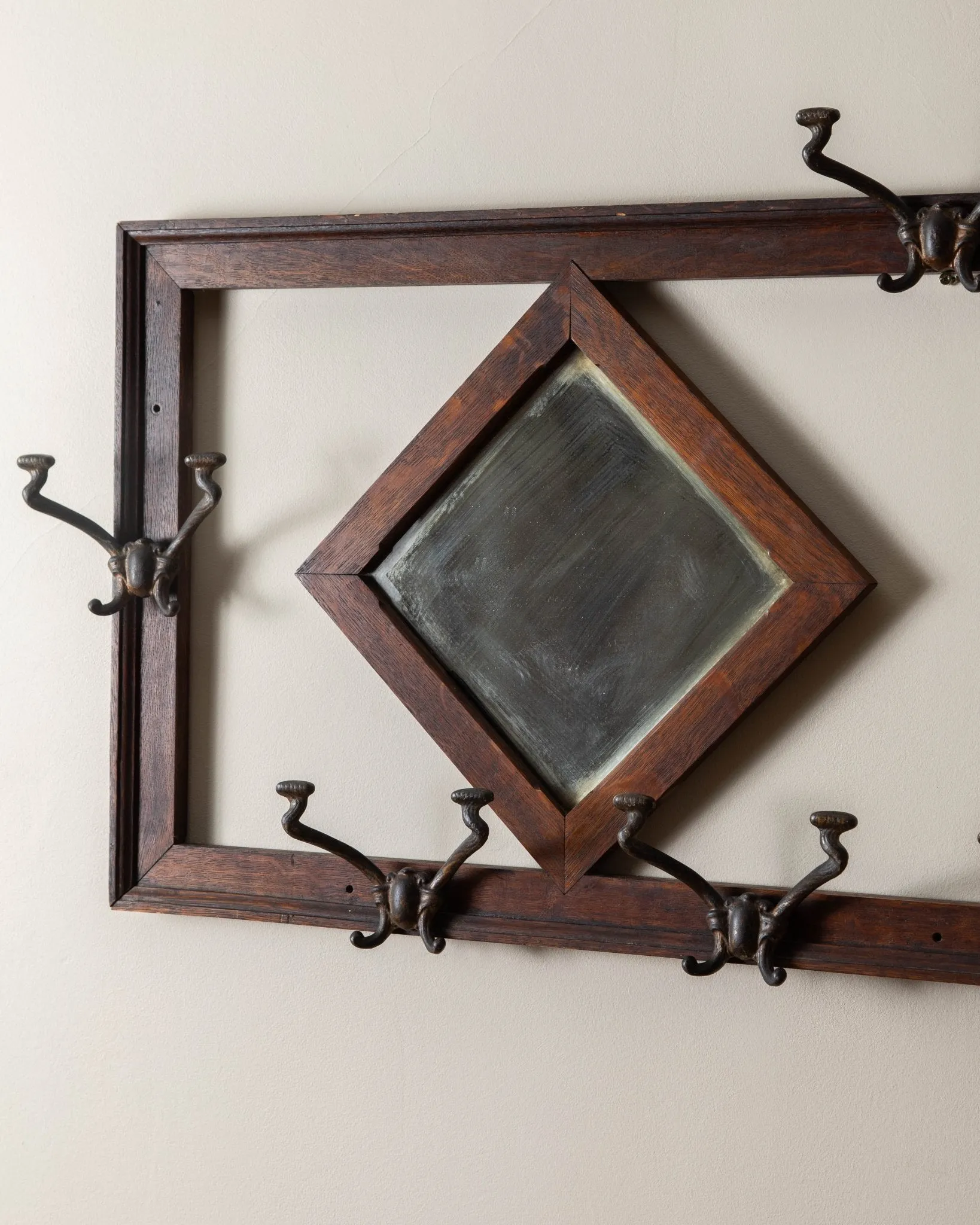 Antique Diamond Mirror Hall Tree w/ Hooks