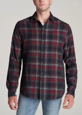 Baby Wale Corduroy Shirt for Tall Men in Charcoal & Red Plaid