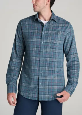 Baby Wale Corduroy Shirt for Tall Men in Medium Blue & Red Plaid