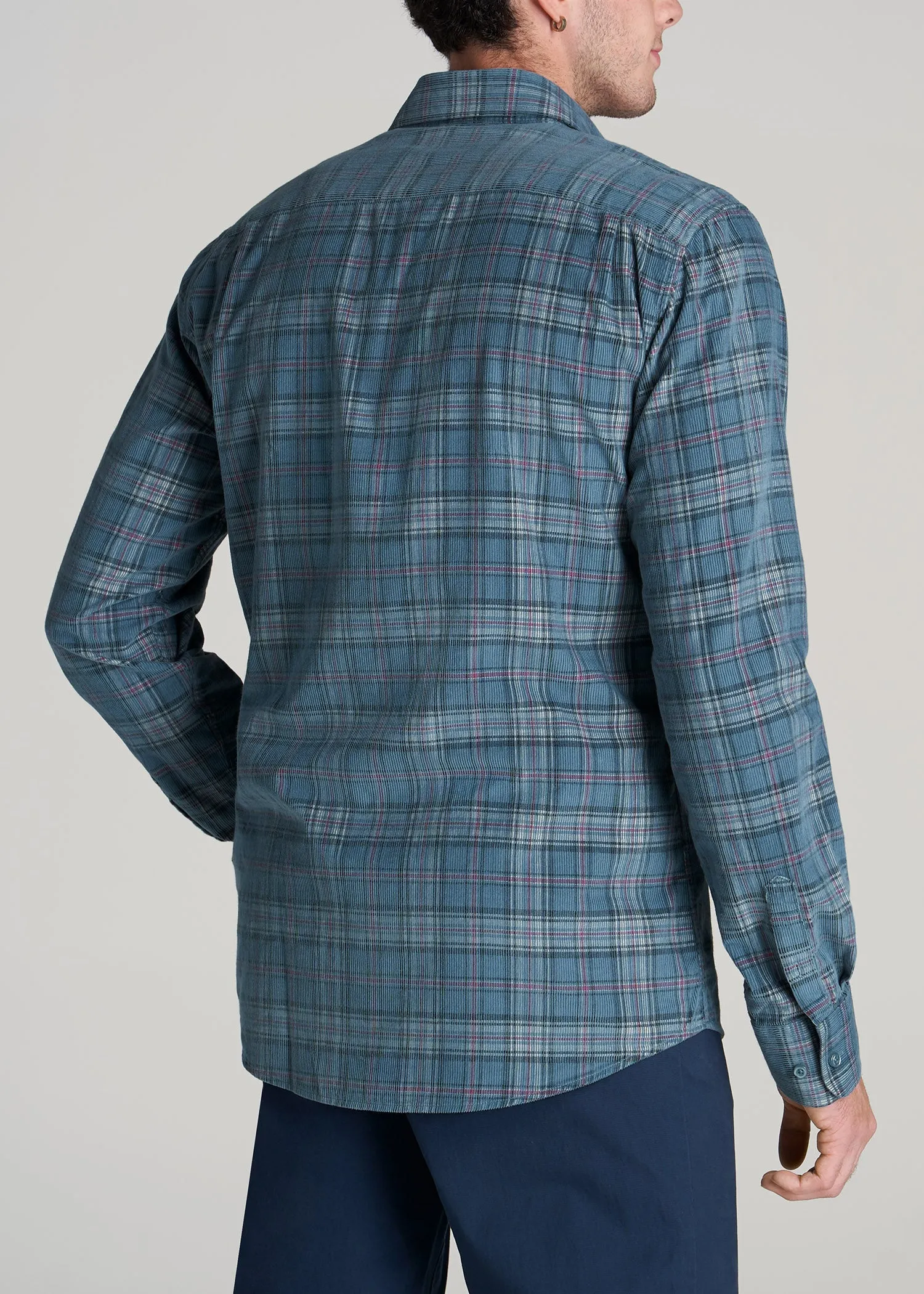 Baby Wale Corduroy Shirt for Tall Men in Medium Blue & Red Plaid