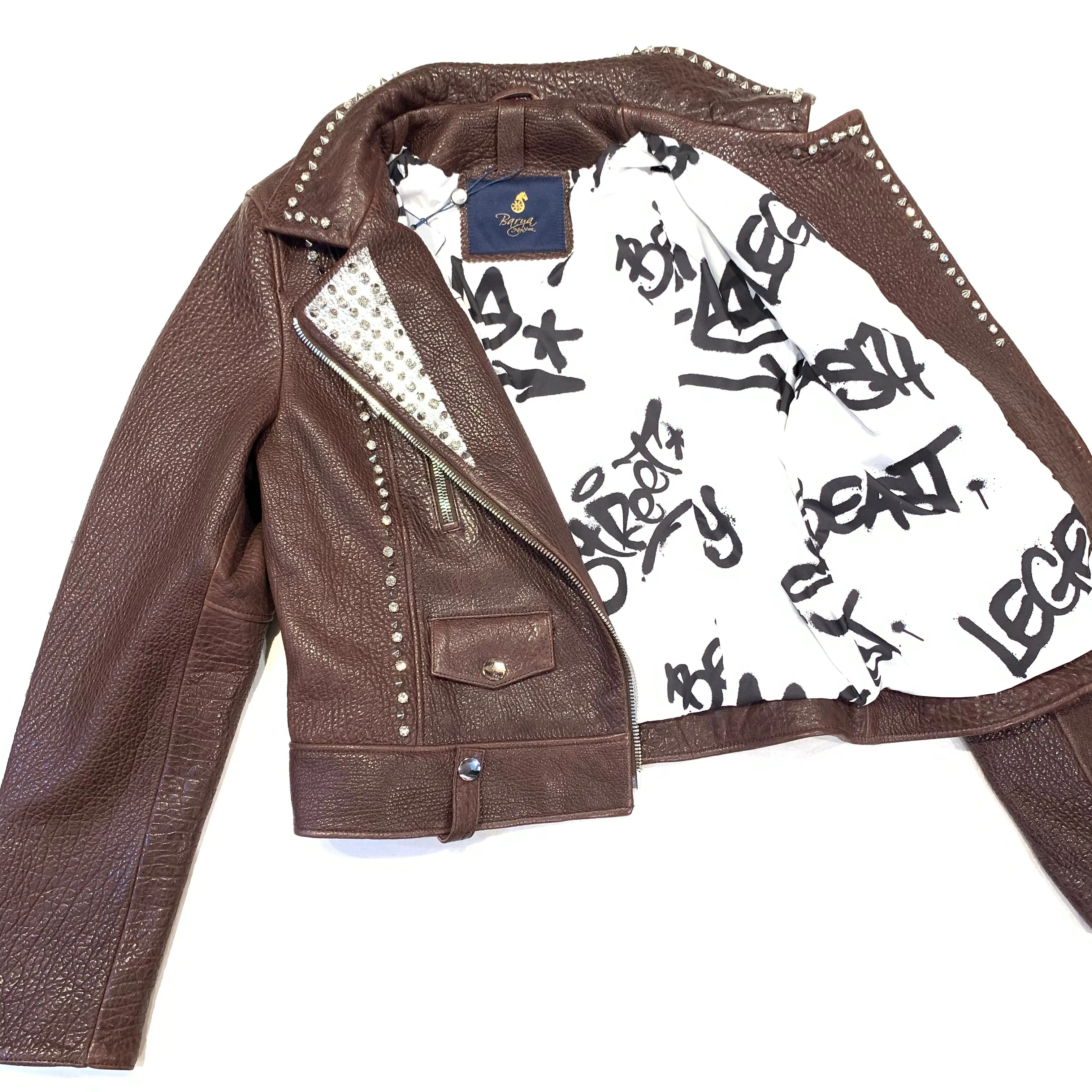 Barya NewYork Ladies Chocolate Spiked Crystal Biker Jacket