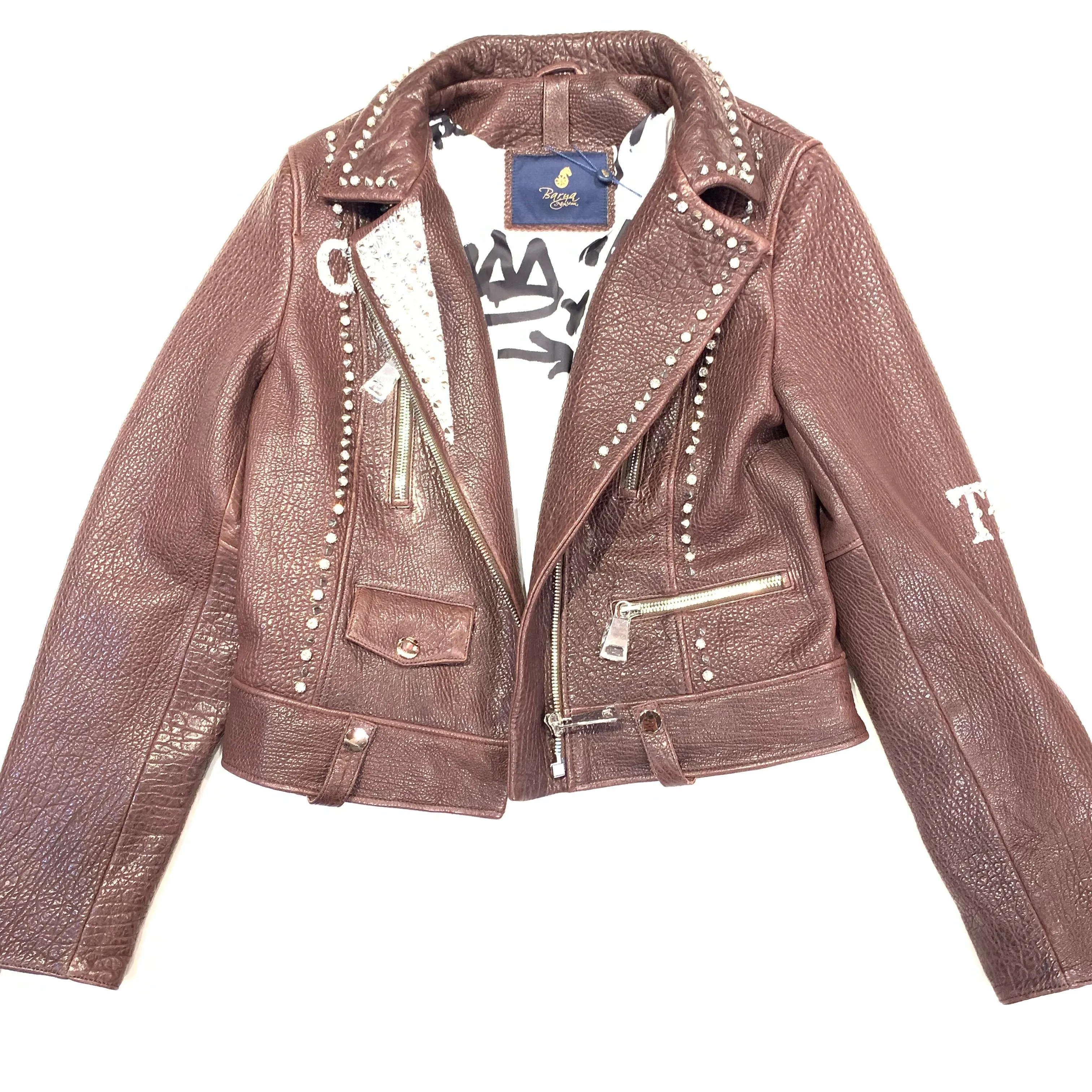 Barya NewYork Ladies Chocolate Spiked Crystal Biker Jacket