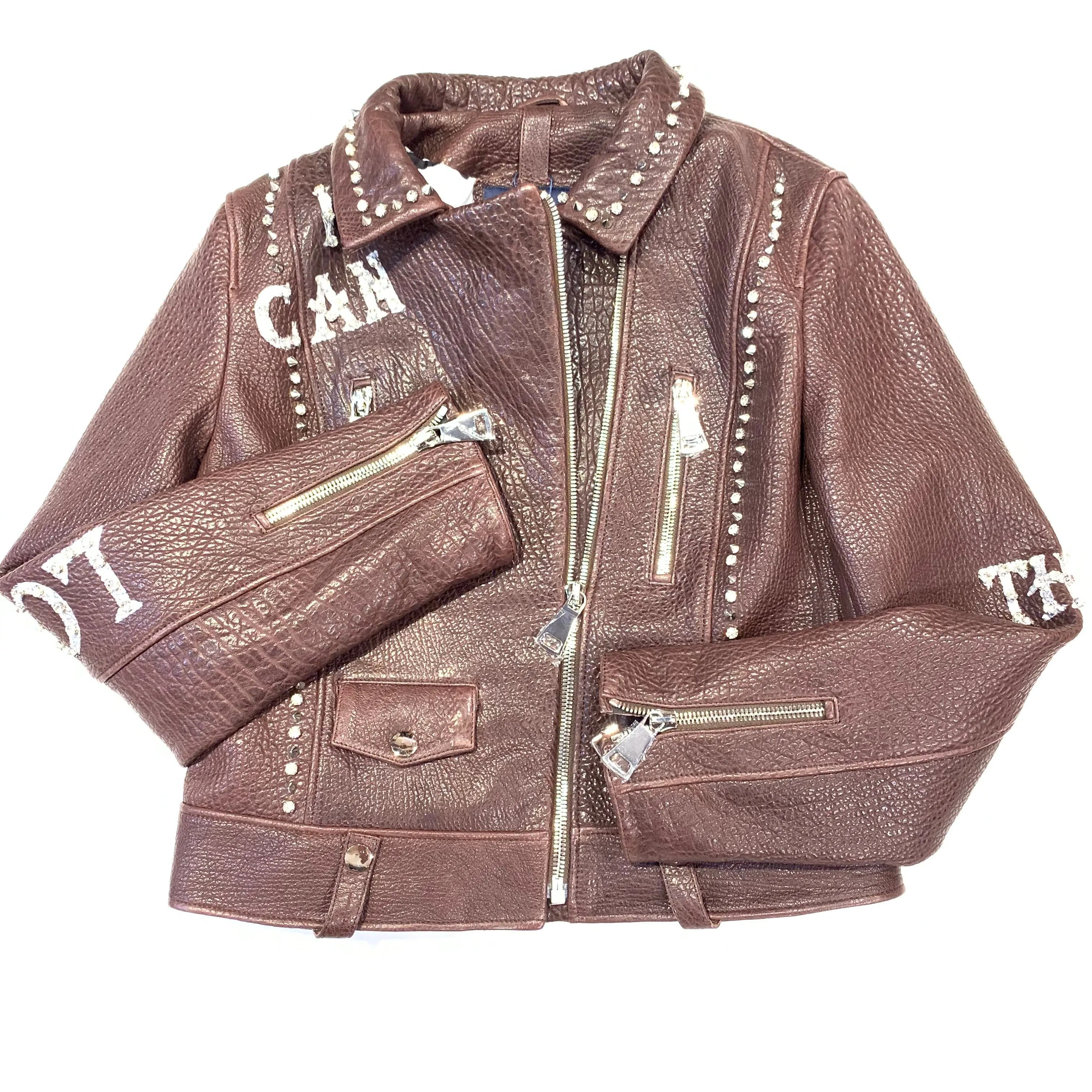 Barya NewYork Ladies Chocolate Spiked Crystal Biker Jacket