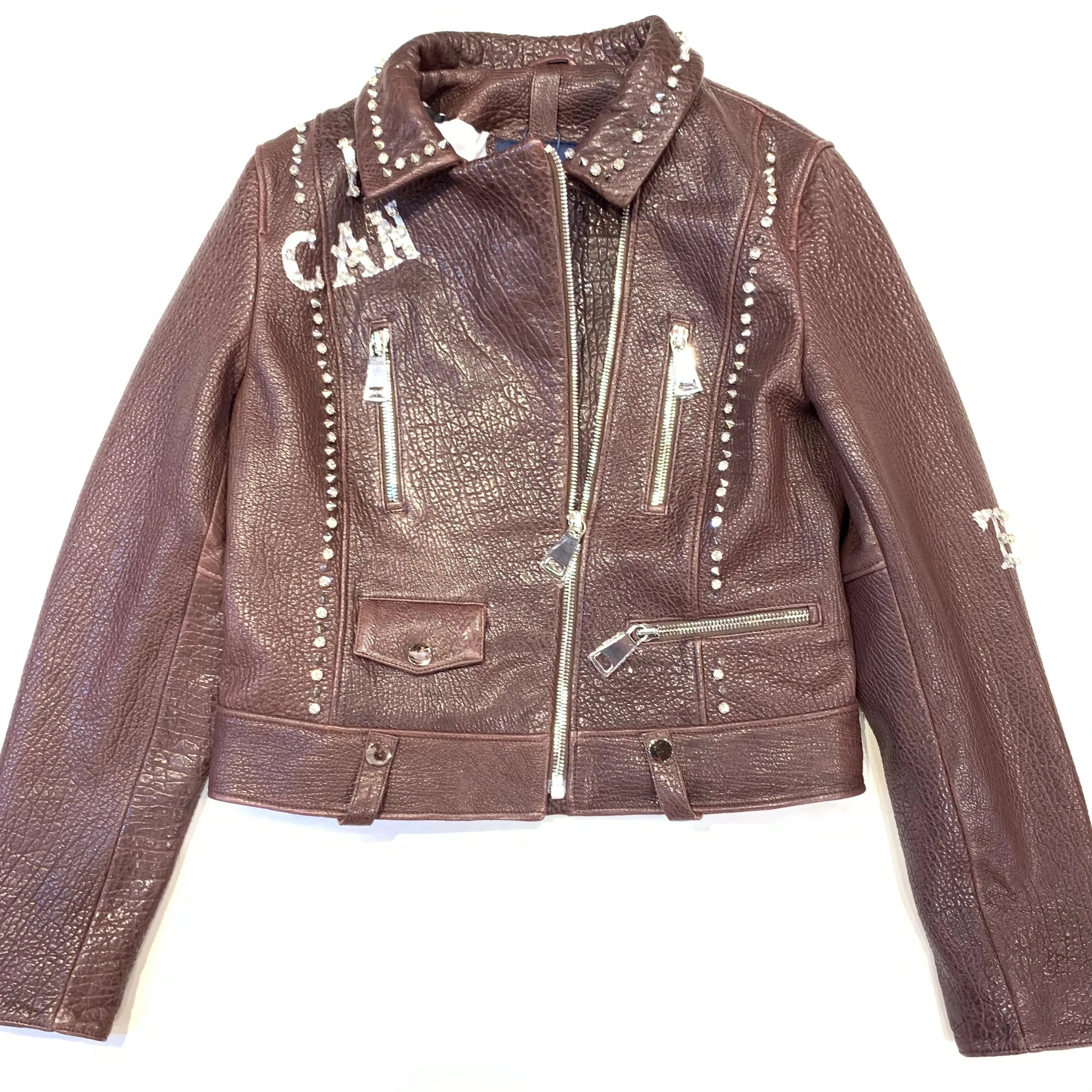 Barya NewYork Ladies Chocolate Spiked Crystal Biker Jacket