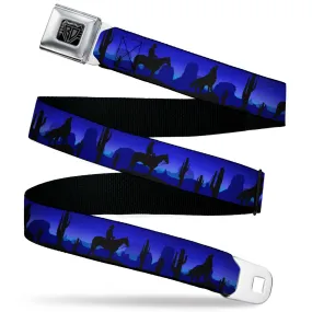 BD Wings Logo CLOSE-UP Black/Silver Seatbelt Belt - Cowboy/Coyote Silhouettes/Western Landscape Blues/Black Webbing