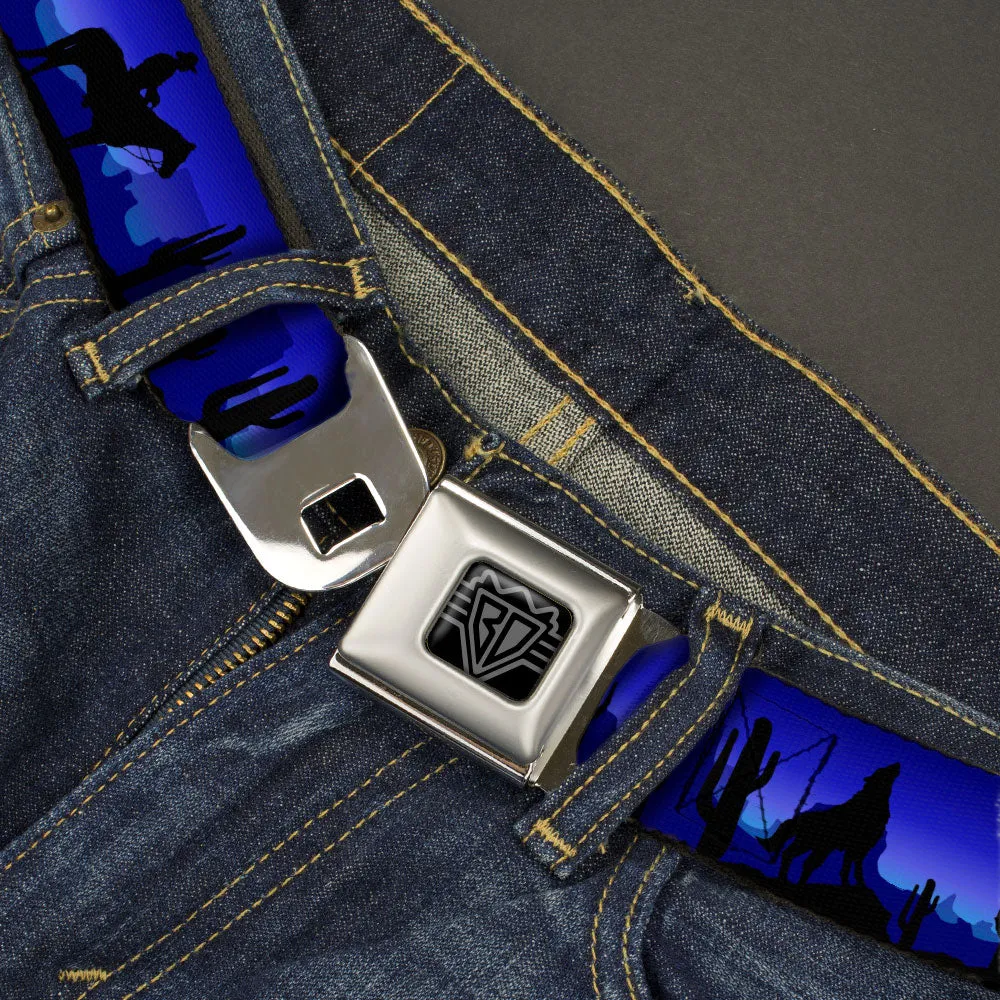 BD Wings Logo CLOSE-UP Black/Silver Seatbelt Belt - Cowboy/Coyote Silhouettes/Western Landscape Blues/Black Webbing