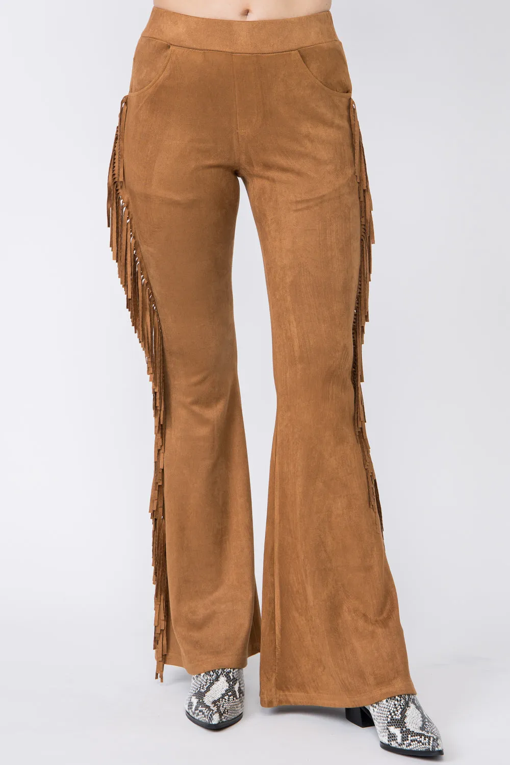 Camel Suede Bell Bottom Pants with Fringe Detail