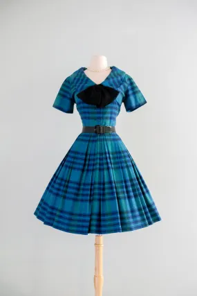 Charming 1960's Blue Paid Cotton Dress by Eve Le Coq / Sz M