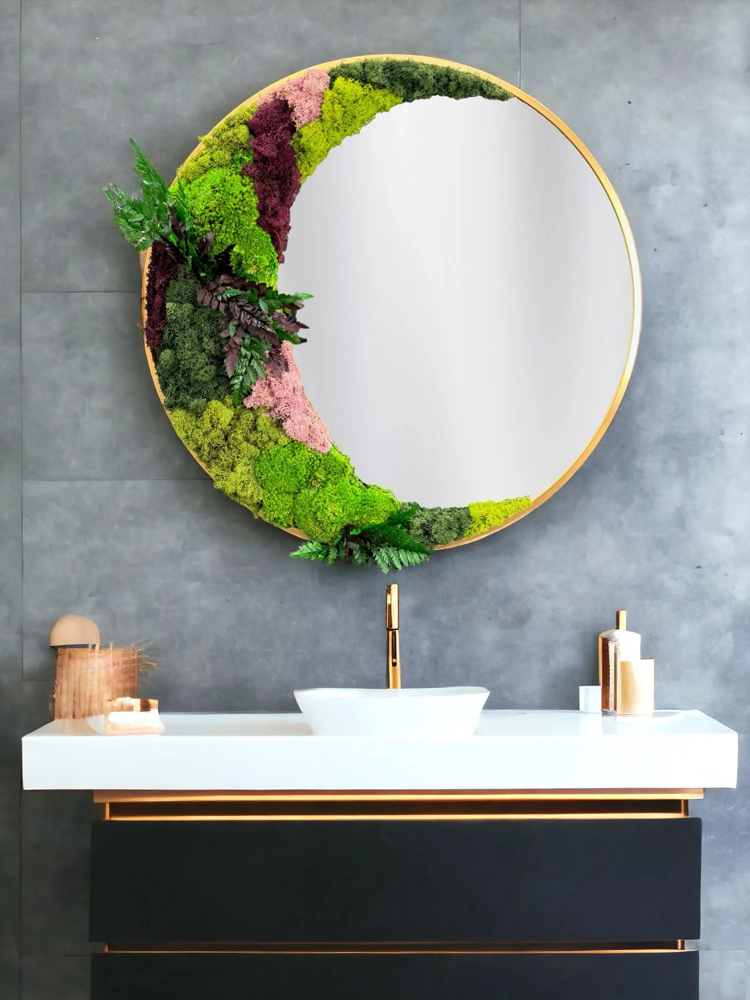 Circular Mirror with Lush Preserved Moss and Botanical Accents