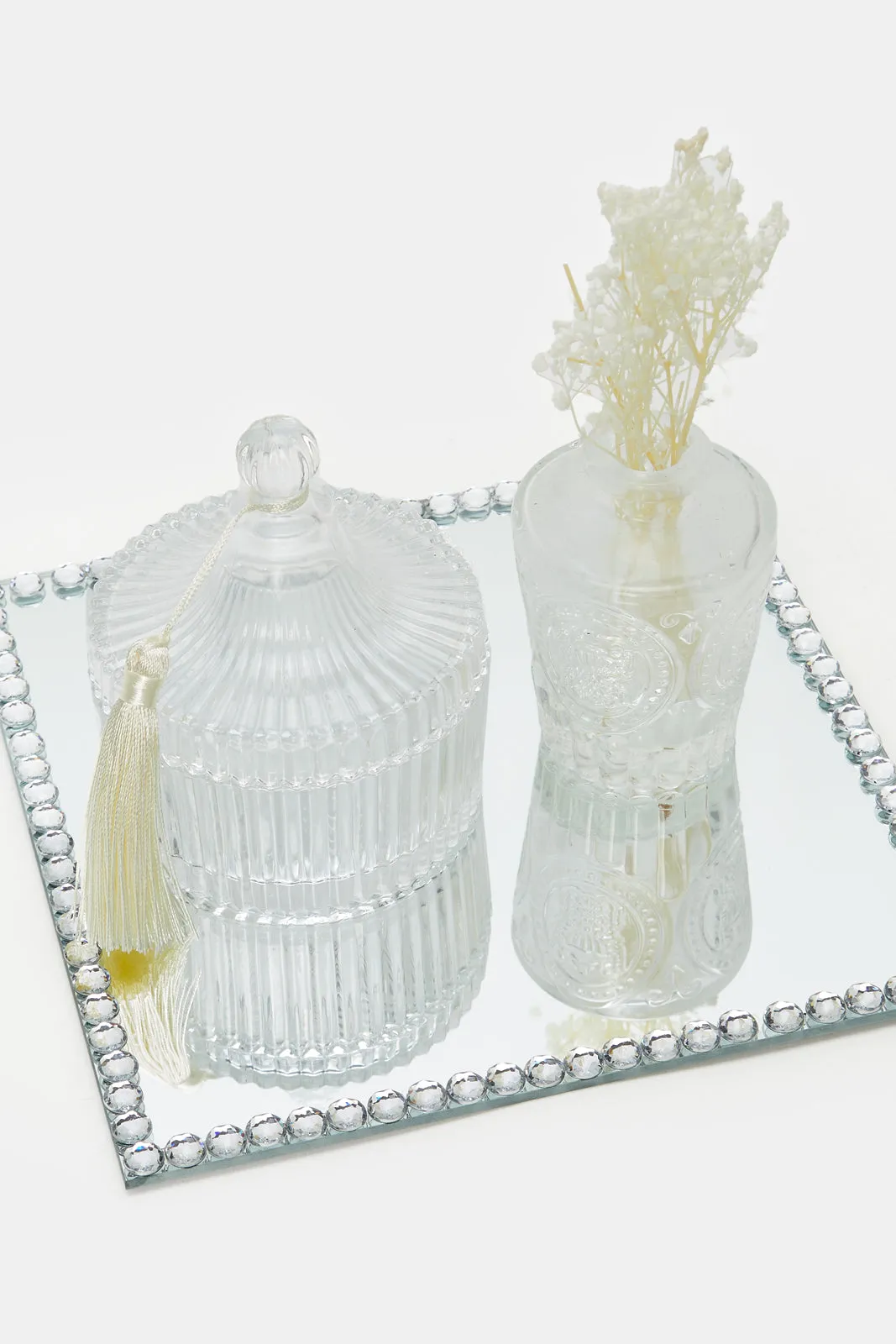 Clear Embossed Decorative Set With Mirror Tray (3 Piece)