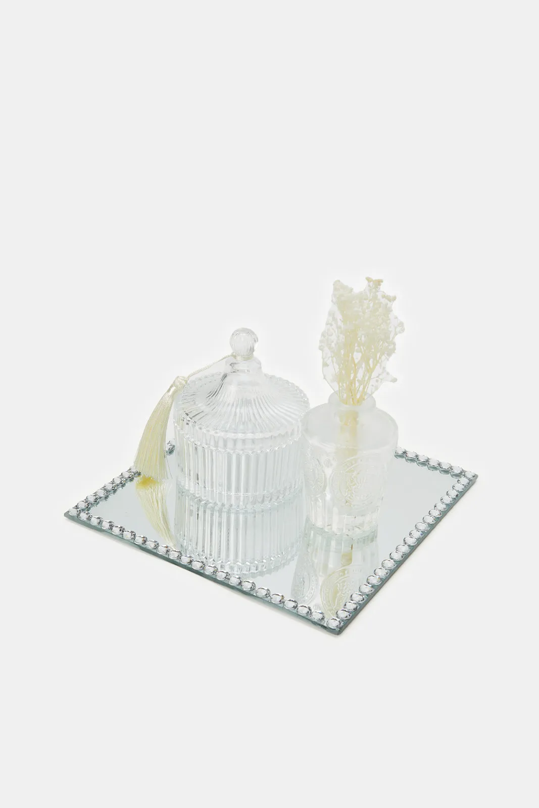 Clear Embossed Decorative Set With Mirror Tray (3 Piece)