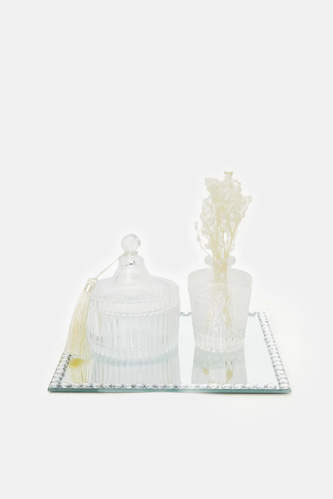 Clear Embossed Decorative Set With Mirror Tray (3 Piece)