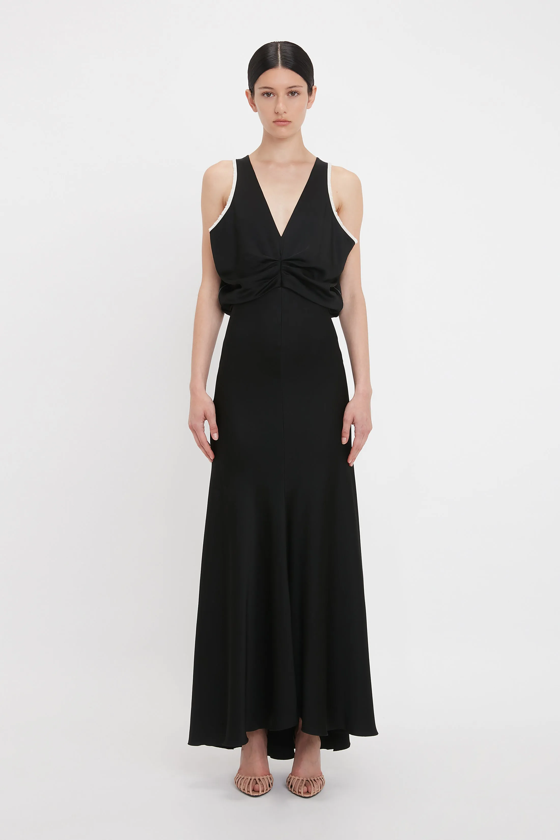 Draped Armhole Detail V-Neck Gown In Black