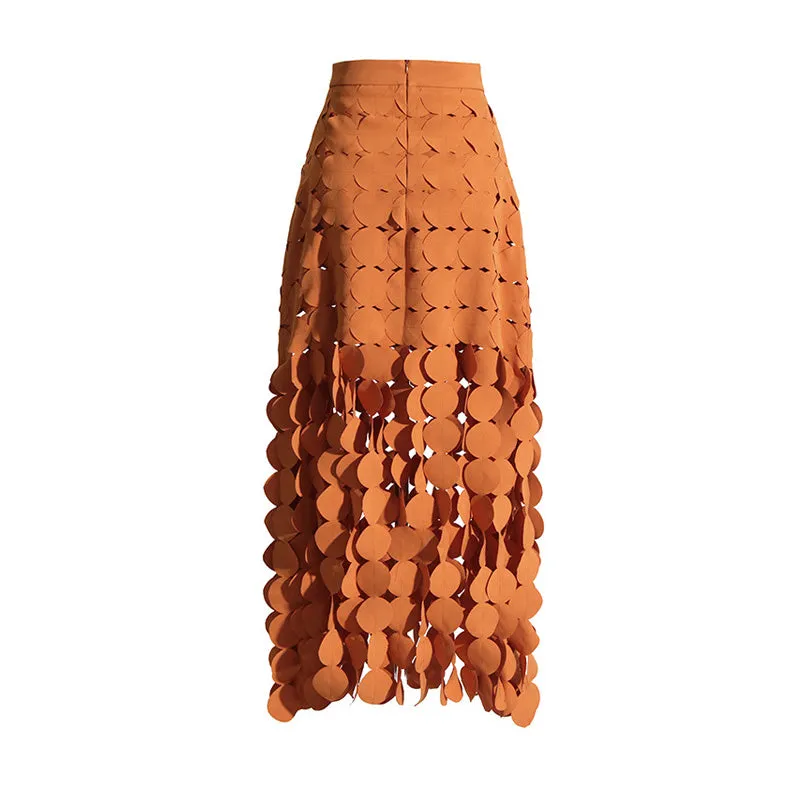 Dynamic High Waist Laser Cut Multi Circle Fringe Layered Maxi Skirt