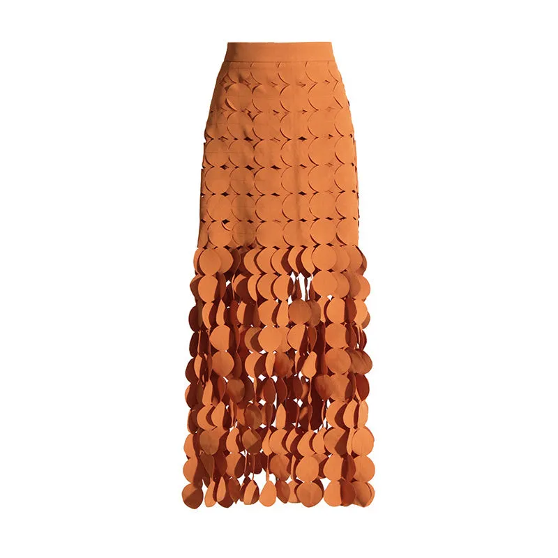 Dynamic High Waist Laser Cut Multi Circle Fringe Layered Maxi Skirt