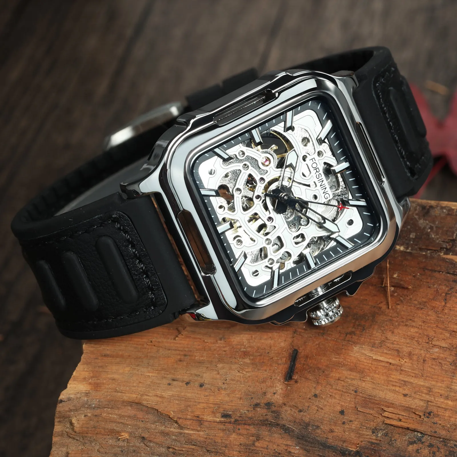 Fashion Transparent Skeleton Automatic Mechanical Watch for Men Sports Rubber Leather Strap FS 140