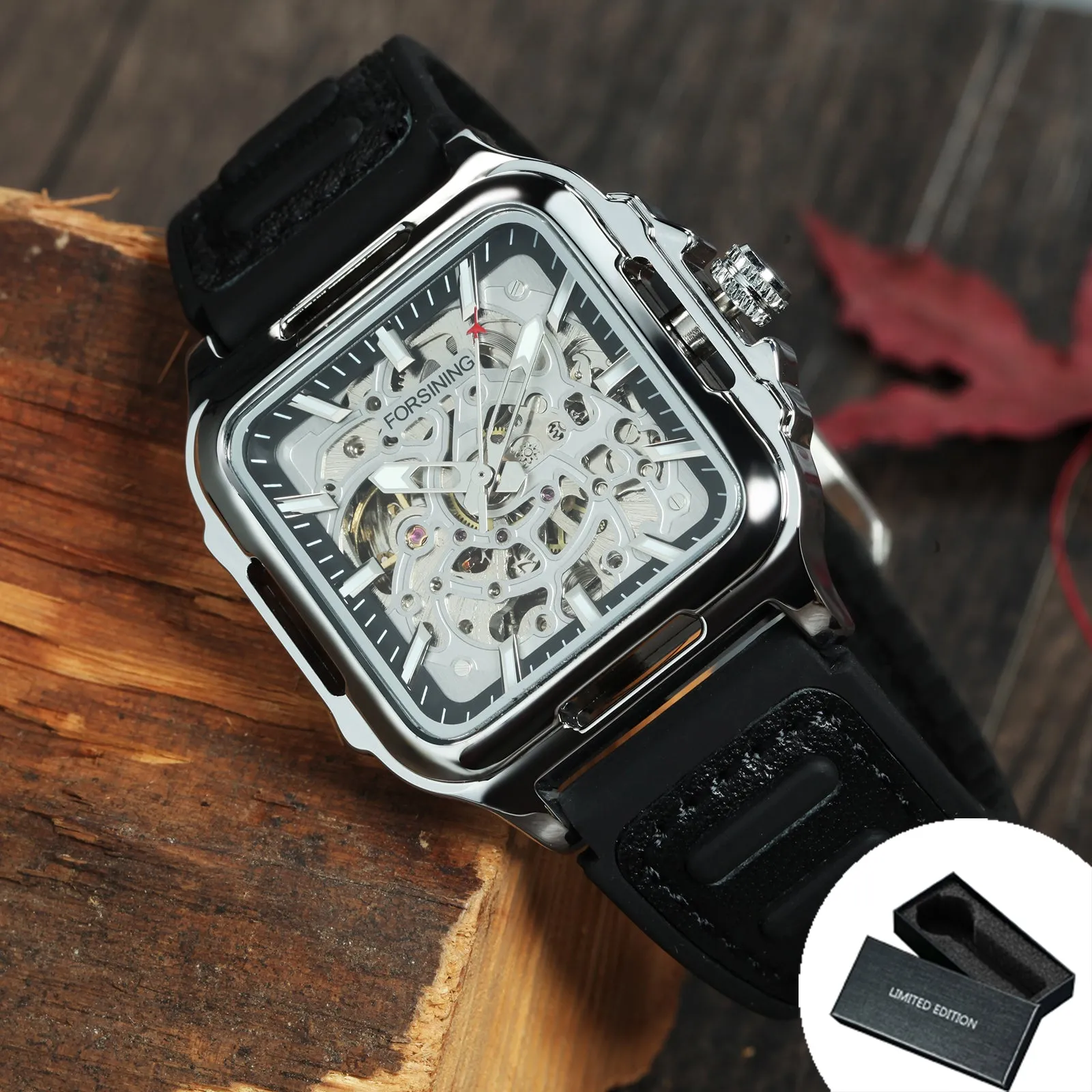 Fashion Transparent Skeleton Automatic Mechanical Watch for Men Sports Rubber Leather Strap FS 140