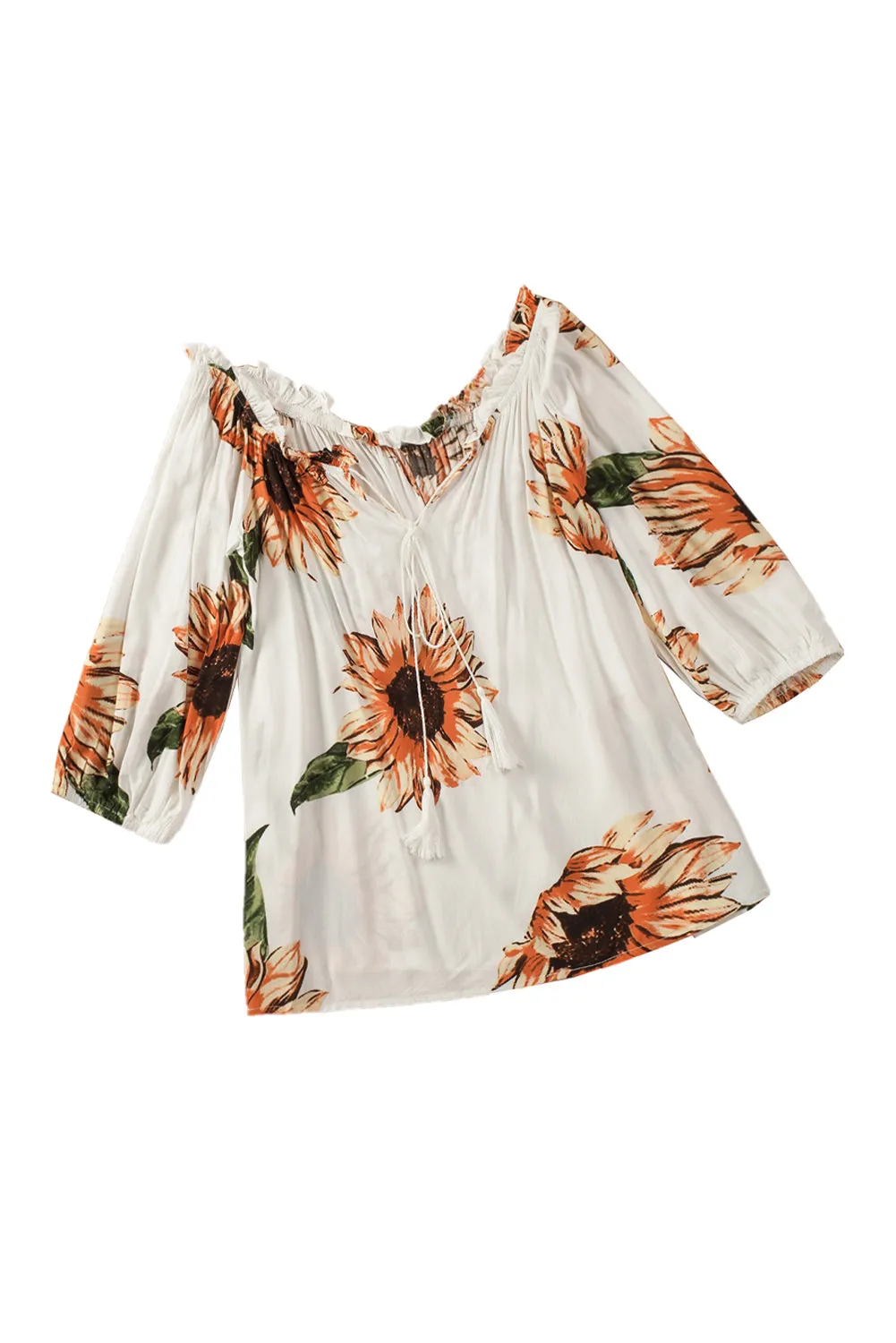 Floral Ruffled Tassel Tie Off Shoulder Blouse