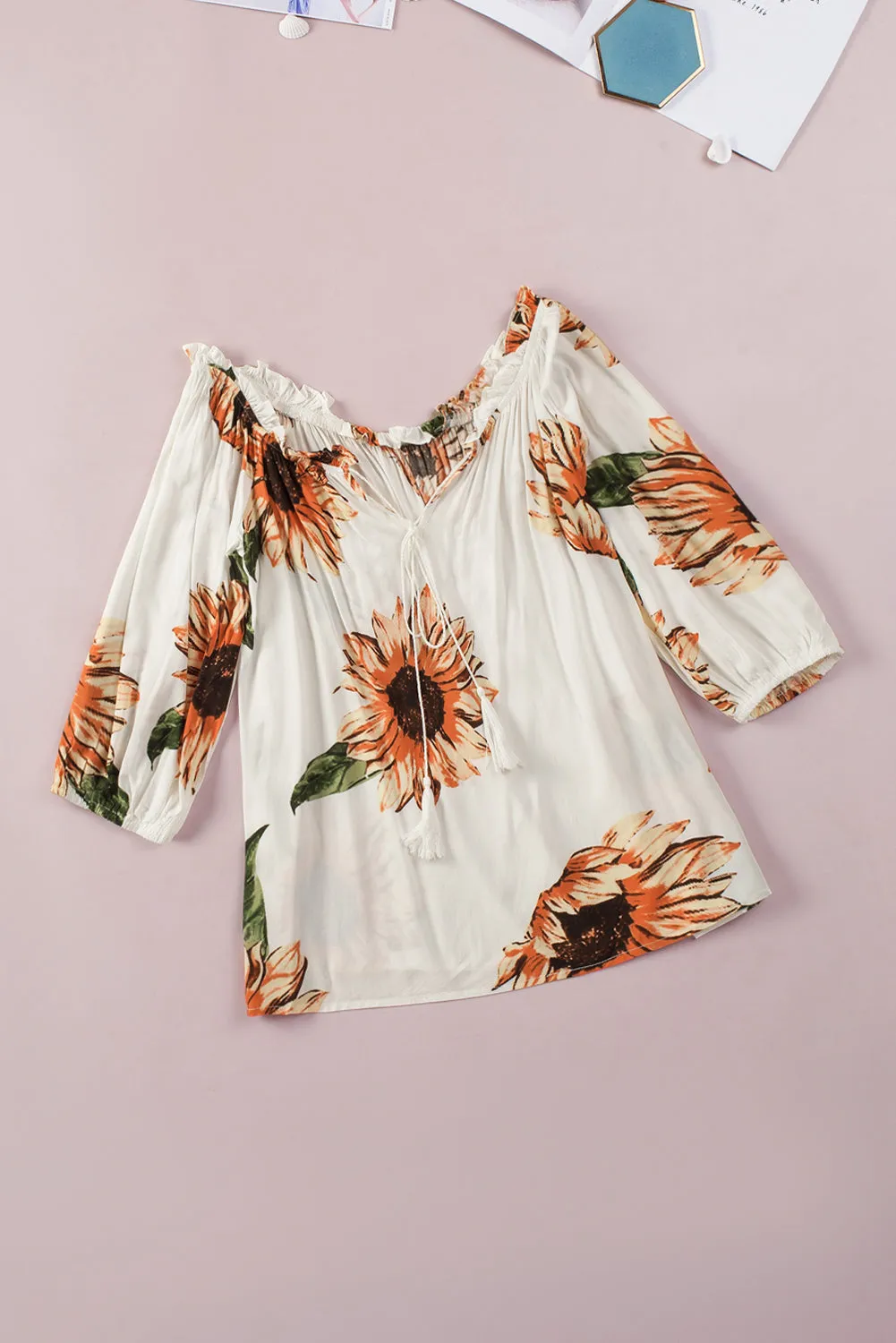 Floral Ruffled Tassel Tie Off Shoulder Blouse