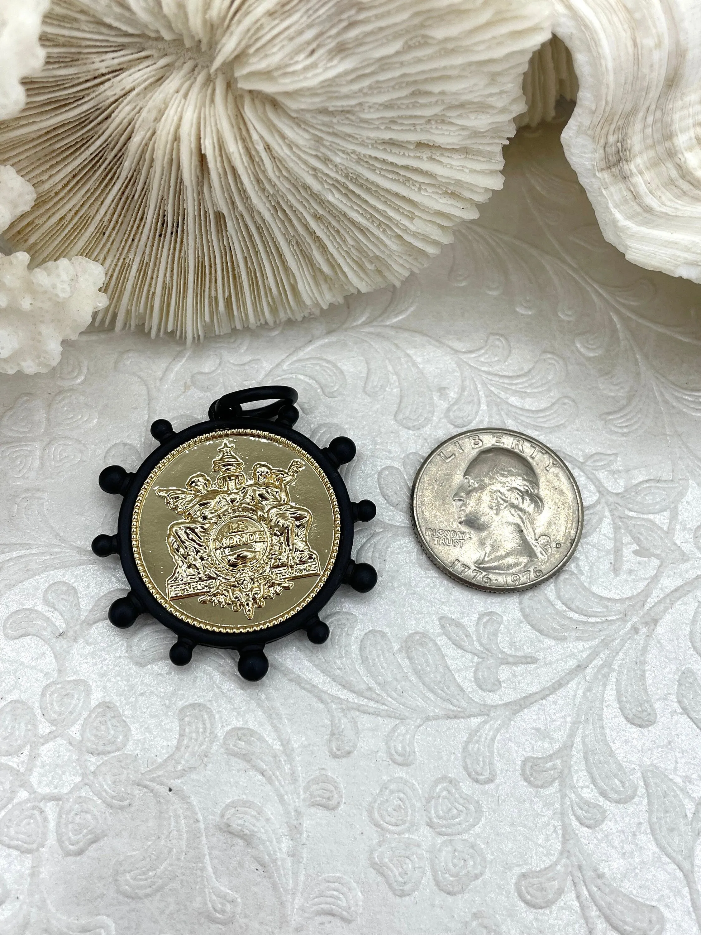 French Coin Pendant, French Angel Life Insurance Replica Coin, Gold or Matte Gold Coin, 2 bezel colors, French Art Deco Coin, Fast Ship