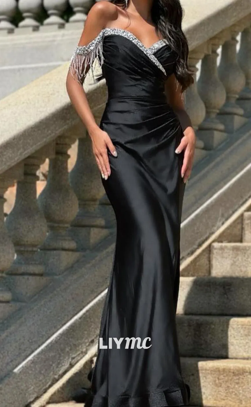 LP2006 - Off-Shoulder Beaded Fringe Sleek Satin Mermaid Prom Dress