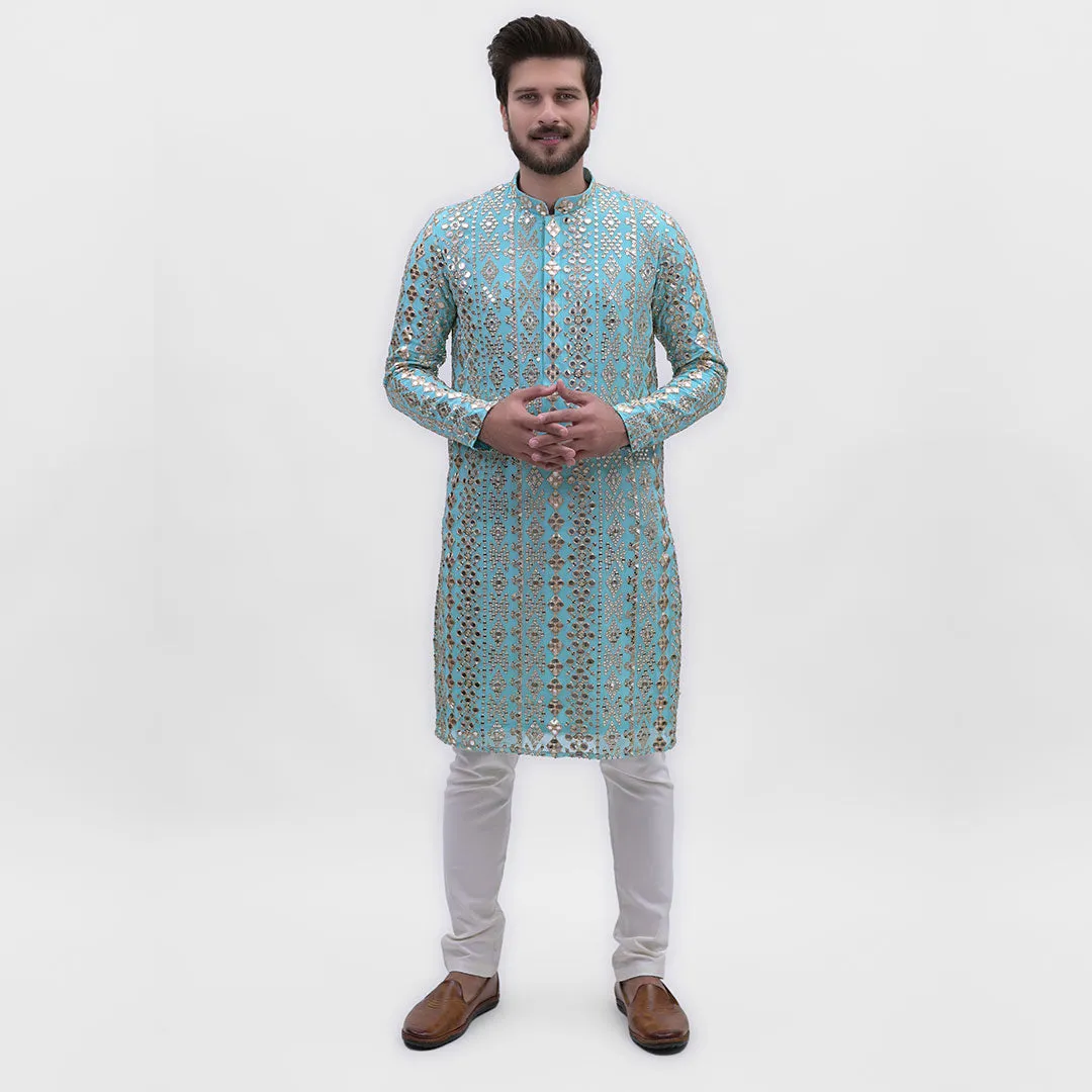 Majestic Light Blue Zari and Mirror Work Kurta