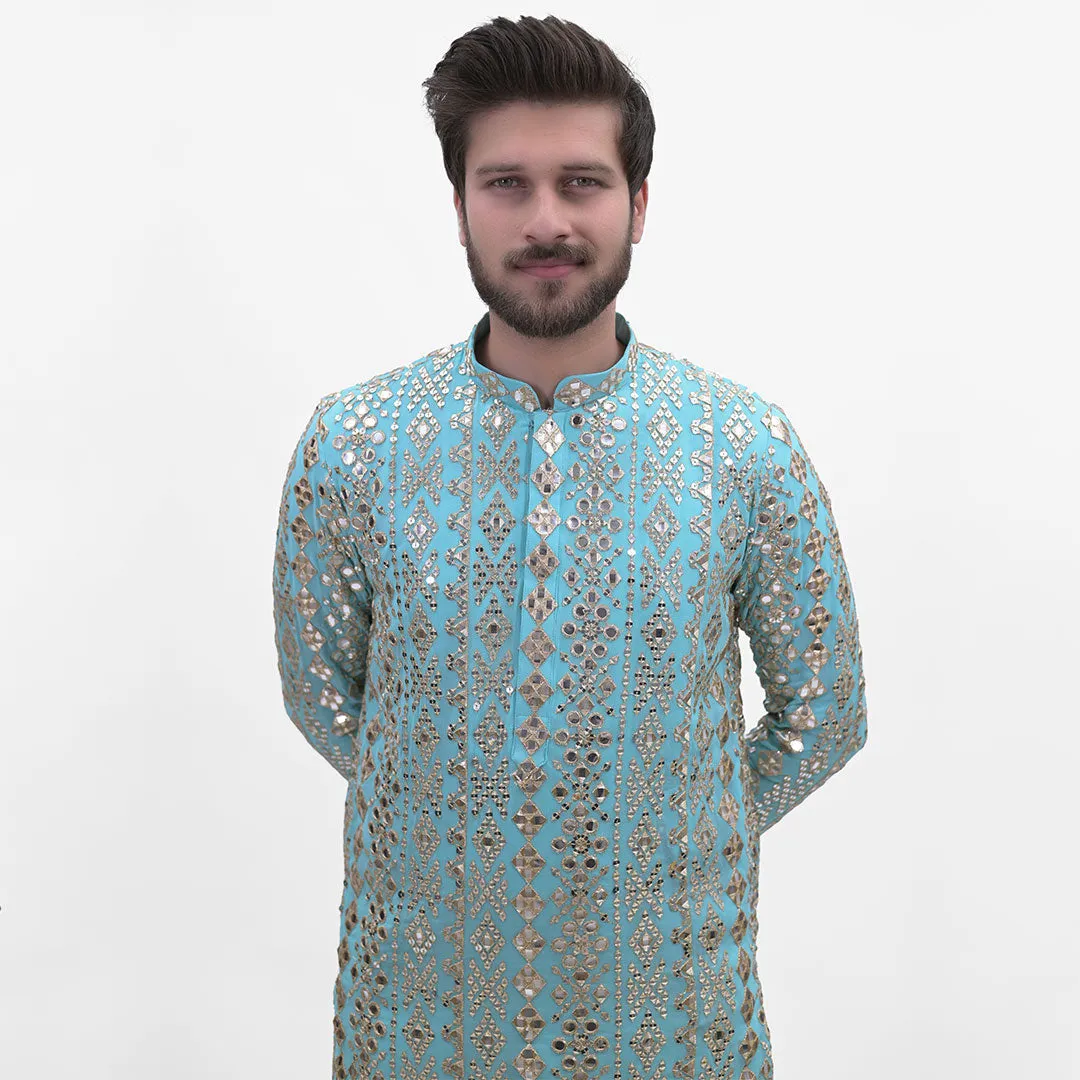 Majestic Light Blue Zari and Mirror Work Kurta