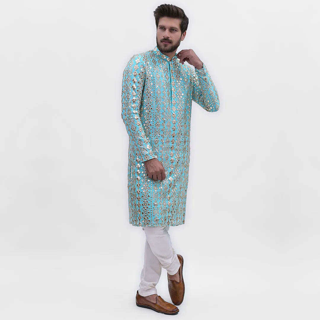 Majestic Light Blue Zari and Mirror Work Kurta