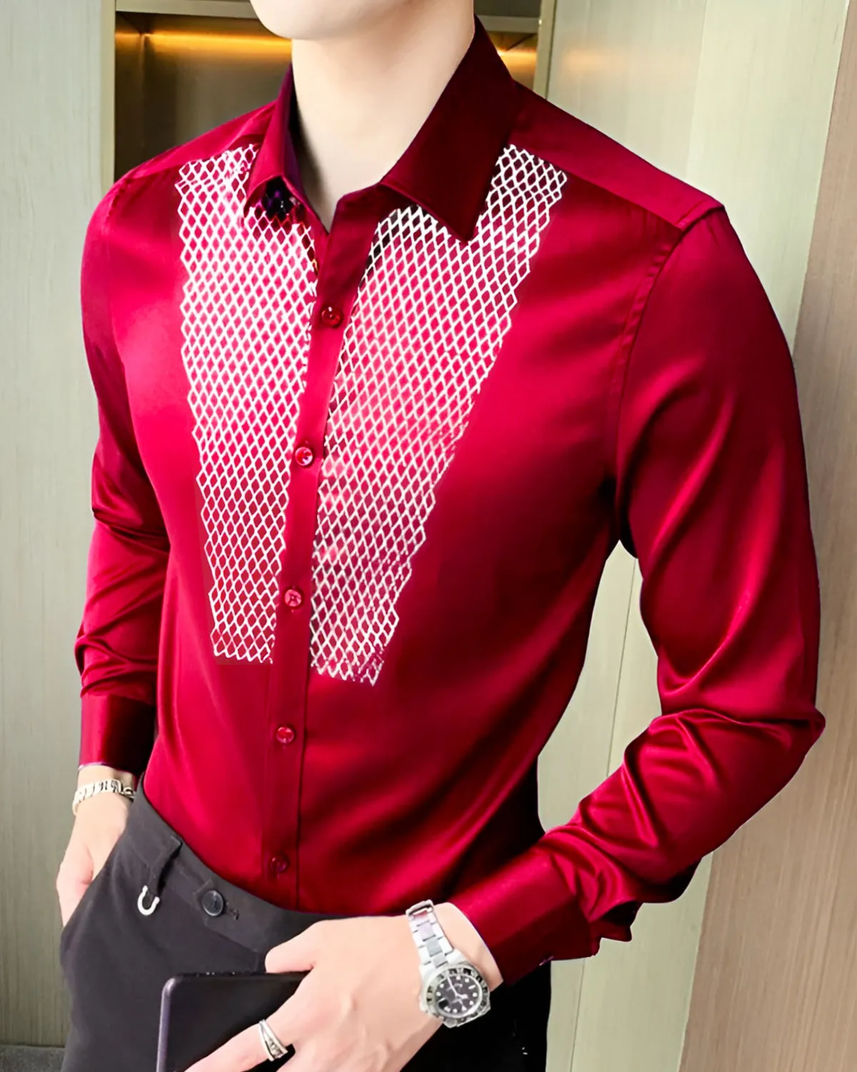 Men PREMIUM QUALITY Printed Red Party Wear Shirt