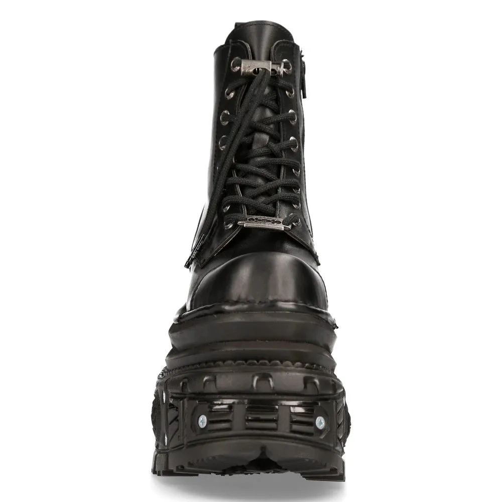 New Rock MILI083CCT-C4 Metallic Black Leather Military Boots Punk Goth Rock