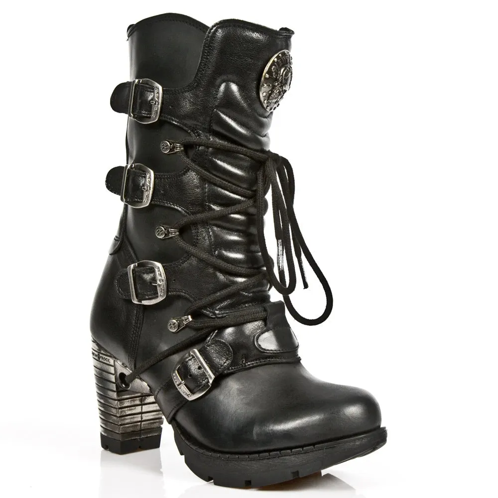 New Rock TR003-S1 womens Platform Heel Metal Rock Punk Laces Mid Boots Goth