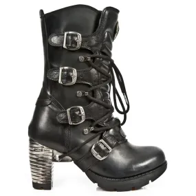 New Rock TR003-S1 womens Platform Heel Metal Rock Punk Laces Mid Boots Goth