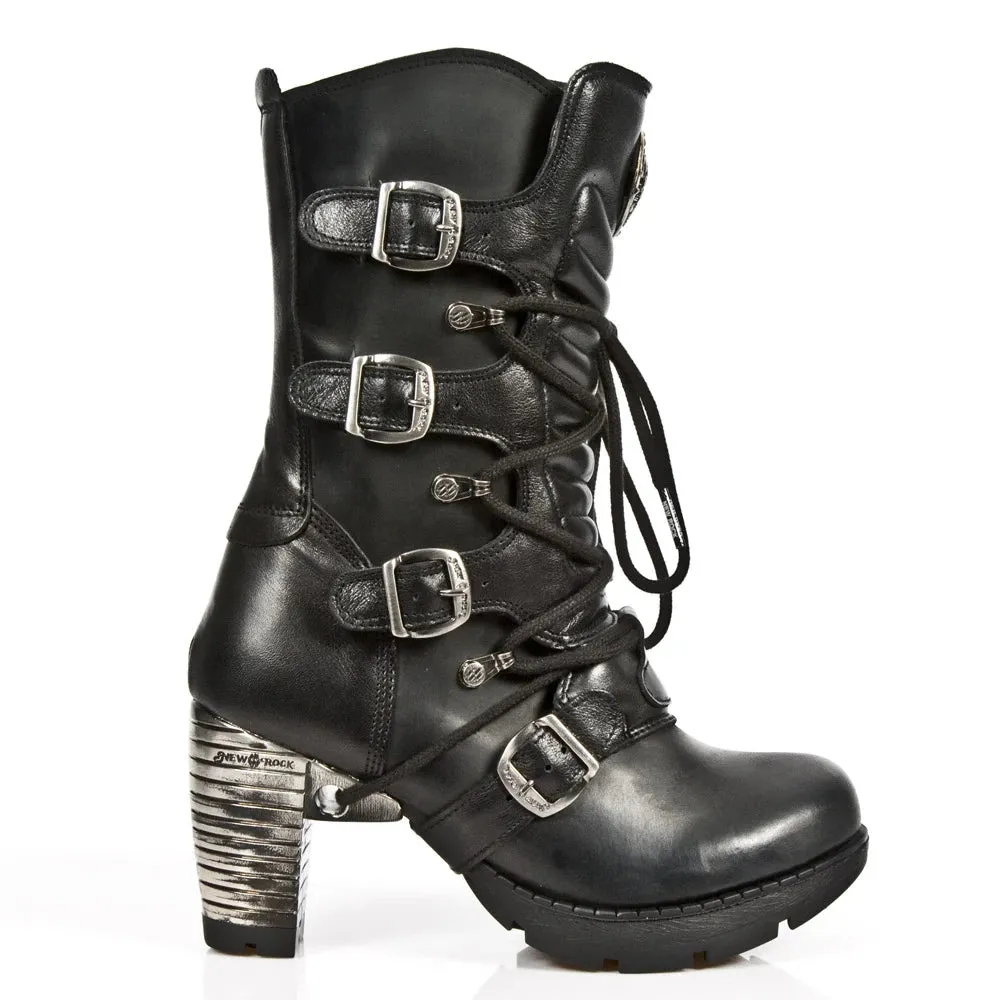 New Rock TR003-S1 womens Platform Heel Metal Rock Punk Laces Mid Boots Goth