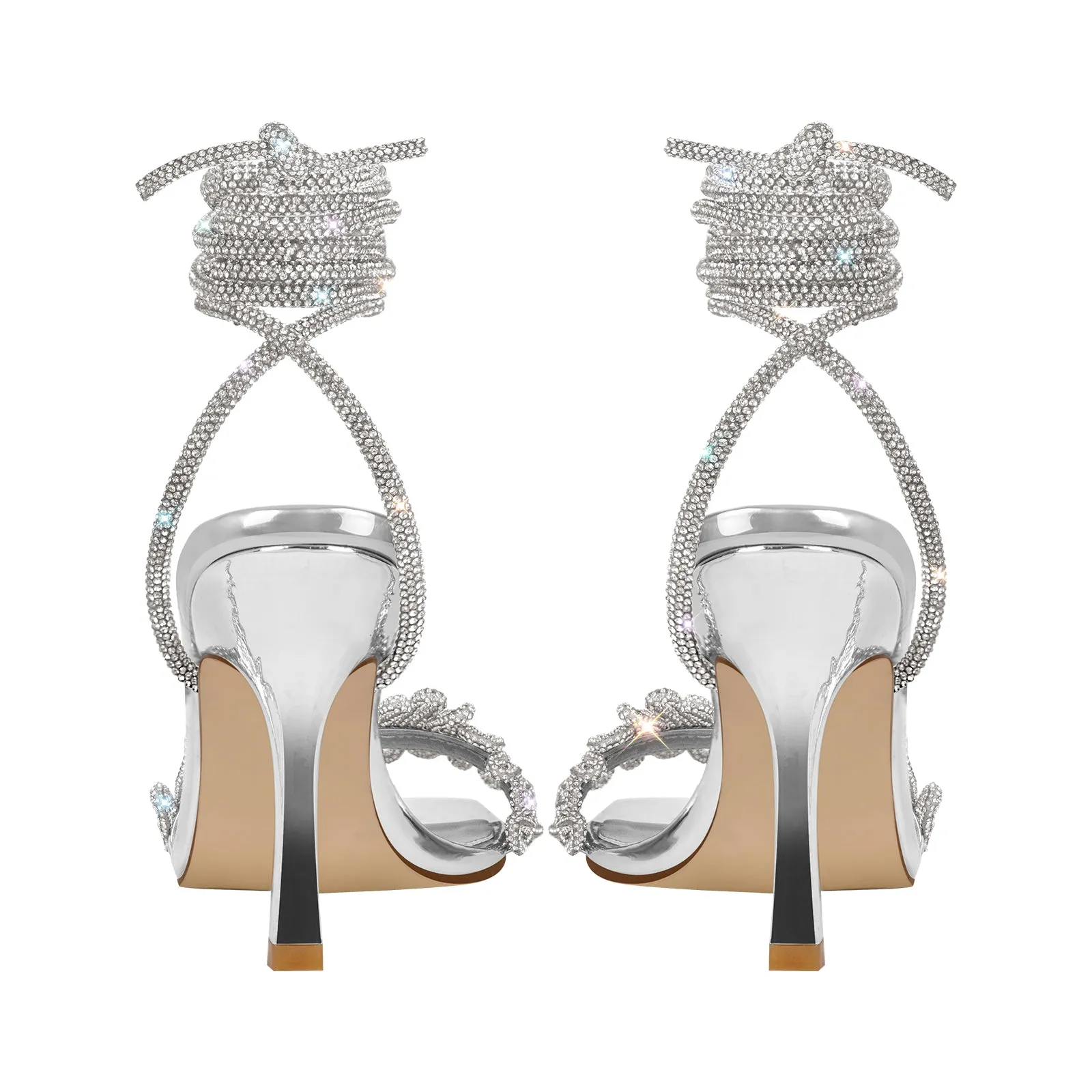 Open Toe Stiletto Rhinestone Lace up Sandals