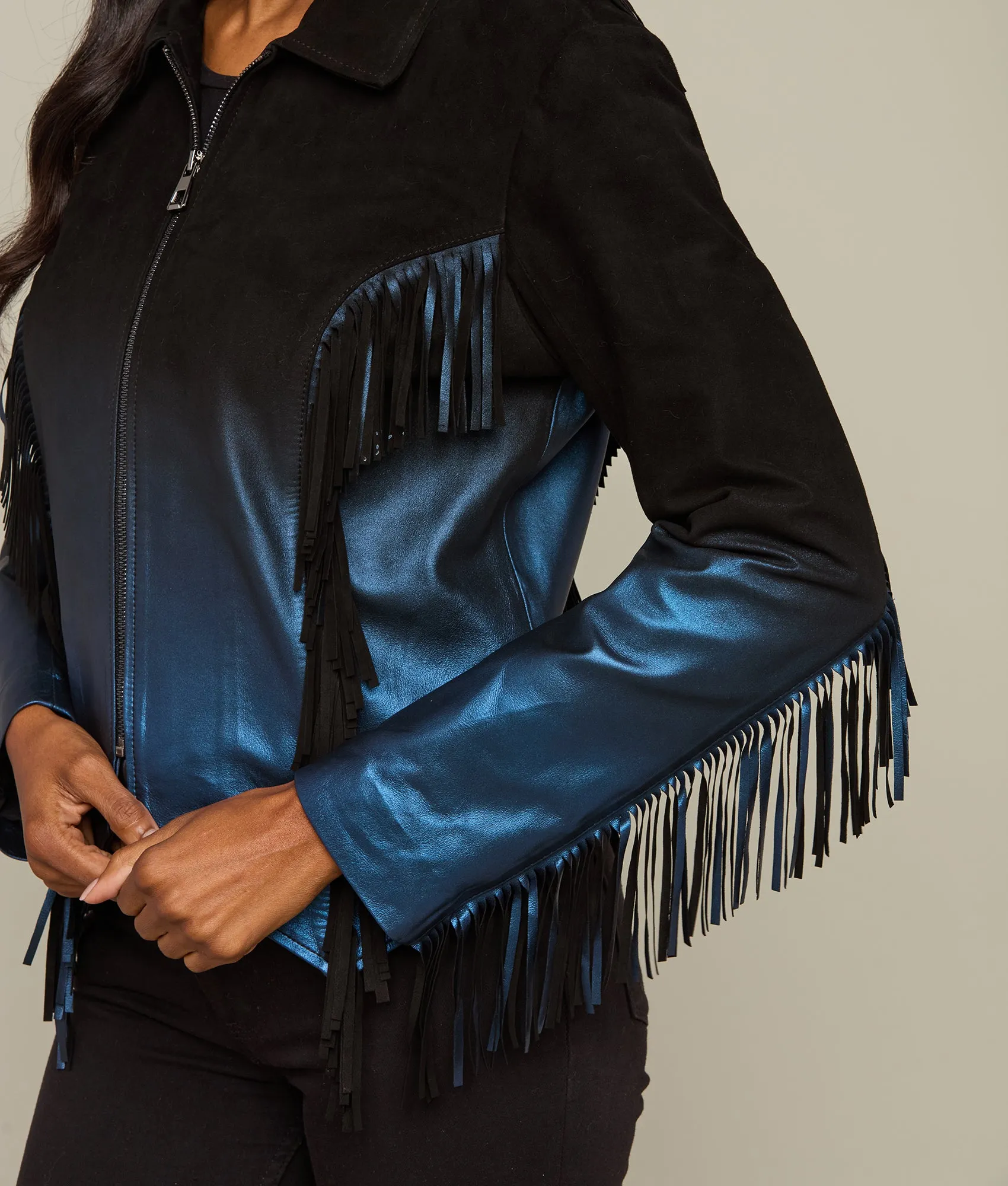 Pearlized Fringe Jacket :: Black/Blue