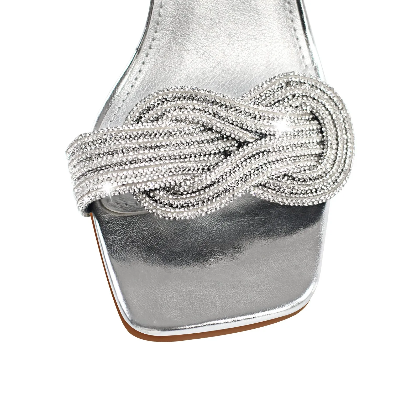 Rhinestone Square Toe Ankle Strap Silver Sandals