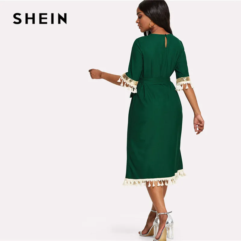 SHEIN Sequin And Tassel Detail Belted Dress 2018 Summer Round Neck Half Sleeve Knee Length Dress Women Green Casual Belted Dress