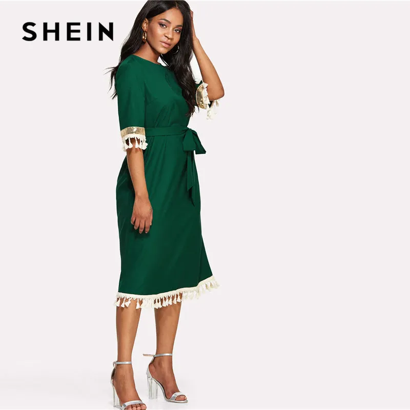 SHEIN Sequin And Tassel Detail Belted Dress 2018 Summer Round Neck Half Sleeve Knee Length Dress Women Green Casual Belted Dress