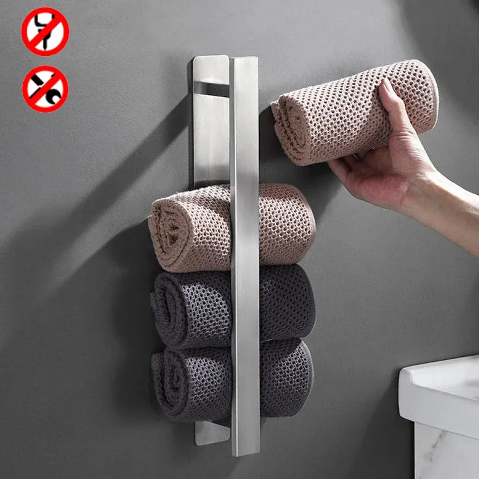 Stainless Steel Towel Bar Adhesive Free Wall Mounted Towel Rack