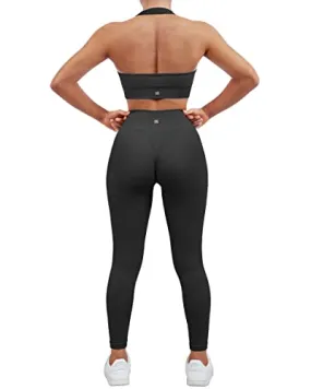 SUUKSESS Women Two Piece Seamless Ribbed Workout Sets Outfits Backless Halter Sports Bra Booty Biker Leggings (#1 Black, M)