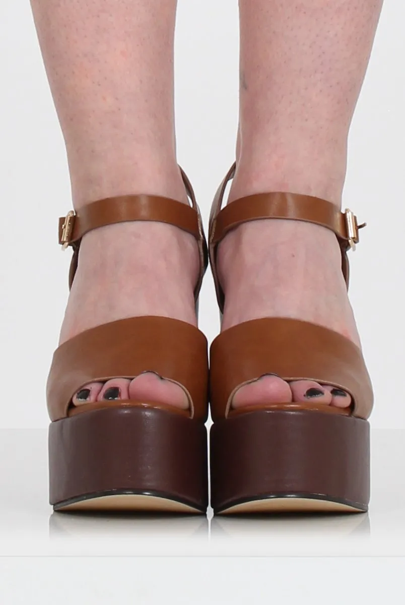 Tan PU Open Toe Wedges - Kendi