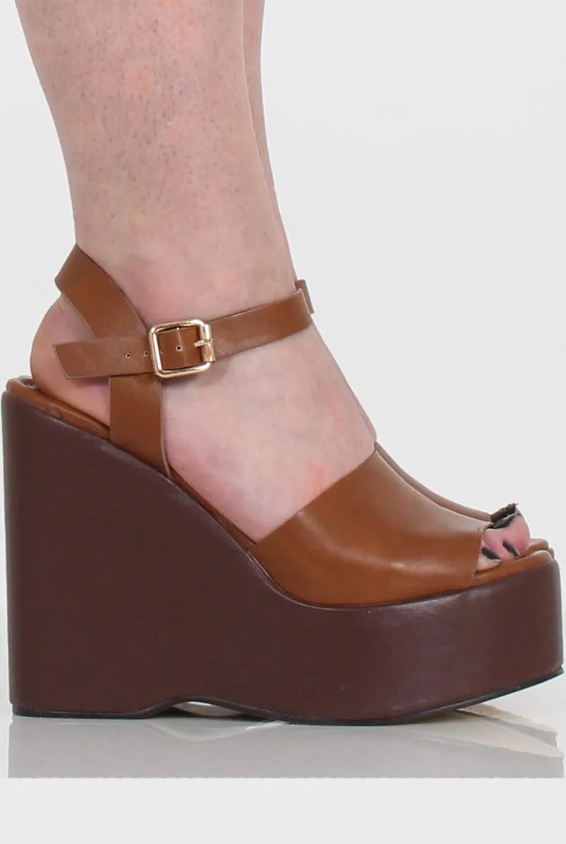 Tan PU Open Toe Wedges - Kendi