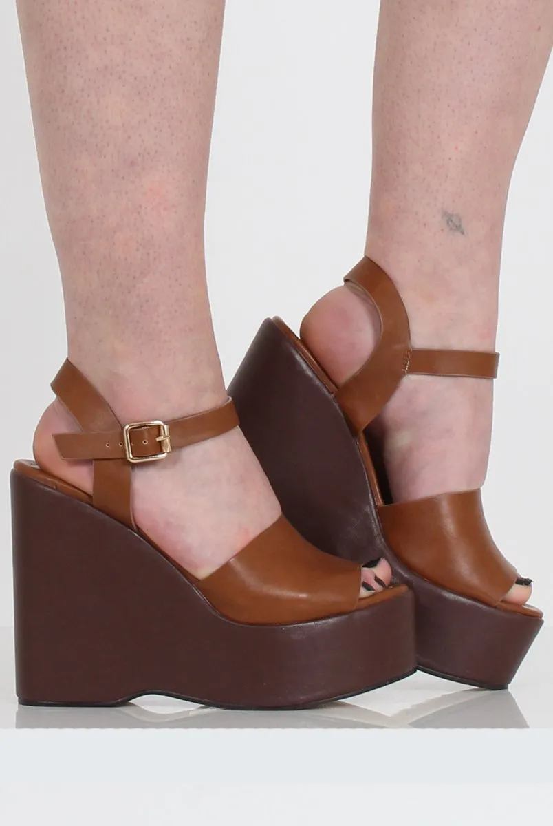 Tan PU Open Toe Wedges - Kendi