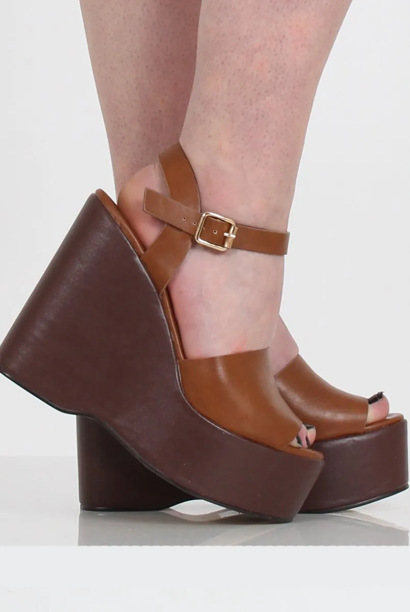 Tan PU Open Toe Wedges - Kendi