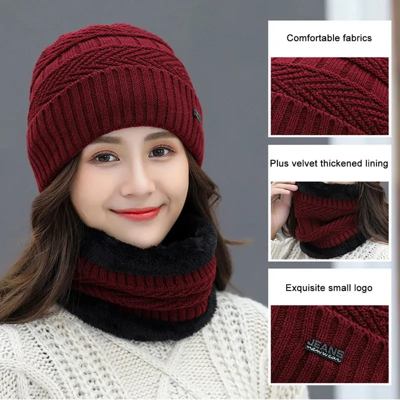 Two-Piece Set Fashion Women Knitted Hat Scarf Caps Neck Warmer Winter Hats For Men Women Skullies Beanies Warm Fleece Cap