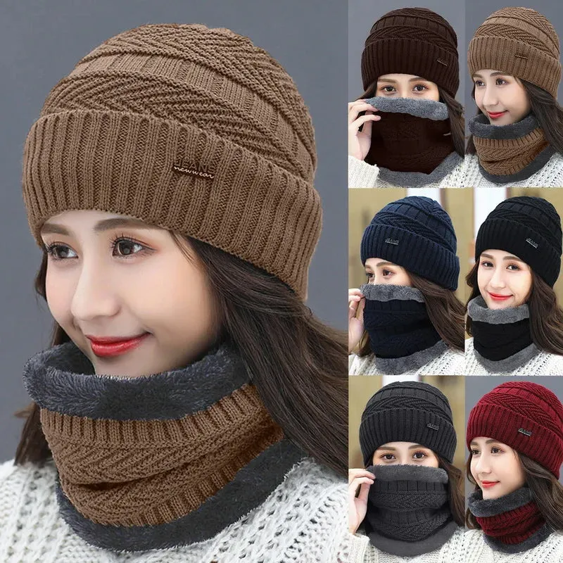 Two-Piece Set Fashion Women Knitted Hat Scarf Caps Neck Warmer Winter Hats For Men Women Skullies Beanies Warm Fleece Cap