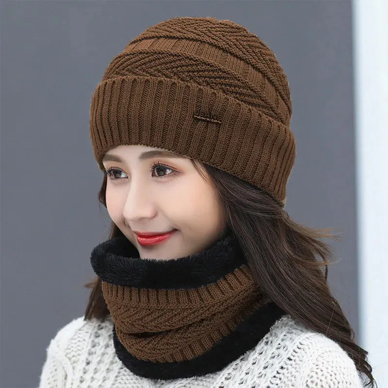 Two-Piece Set Fashion Women Knitted Hat Scarf Caps Neck Warmer Winter Hats For Men Women Skullies Beanies Warm Fleece Cap