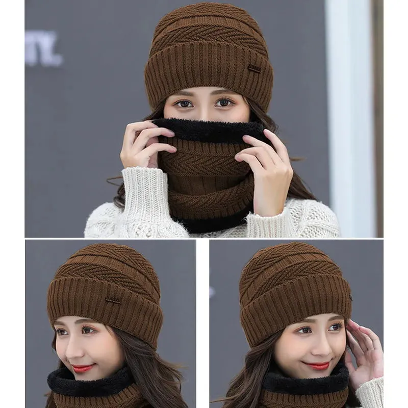 Two-Piece Set Fashion Women Knitted Hat Scarf Caps Neck Warmer Winter Hats For Men Women Skullies Beanies Warm Fleece Cap